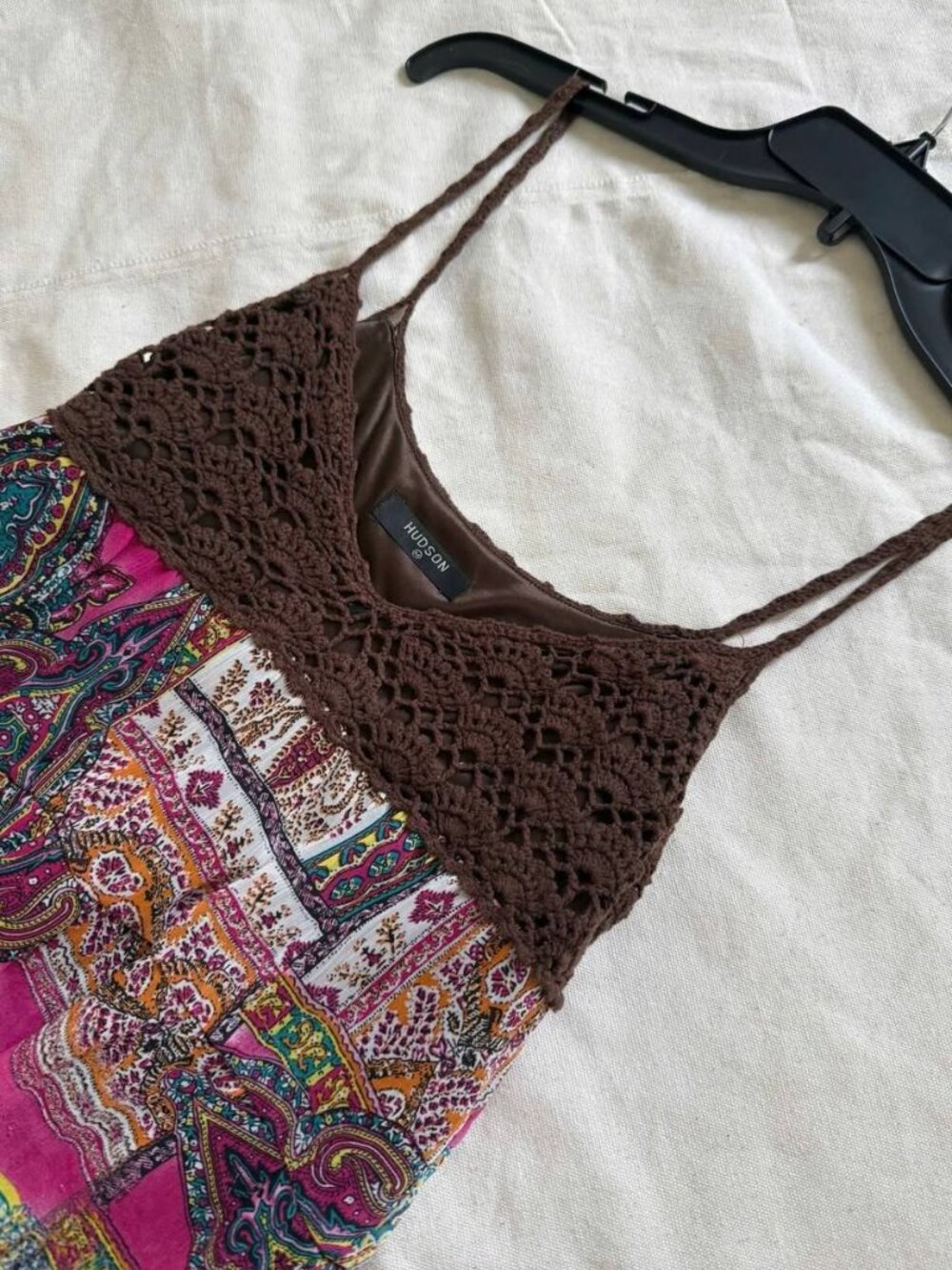 Brown Crochet Patchwork Mini Dress Y2K Boho Floral Paisley Cami Dress - Picture 2 of 5